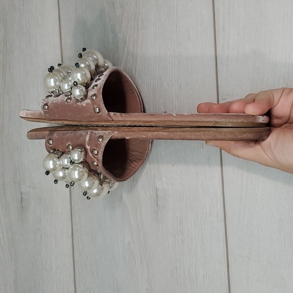 Miu Miu Burgundy Velvet Faux Pearl Embellished Flat Slides sz 37/6.5 - Picture 11 of 14